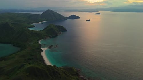 Drone Pullback at Sunrise over Green Padar Island, Komodo National Park, Indonesia
