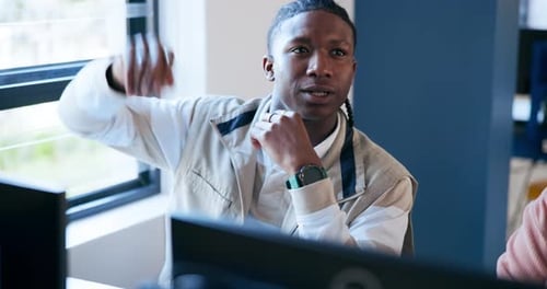 Man, student and classroom with question, hand and computer in education, growth and development