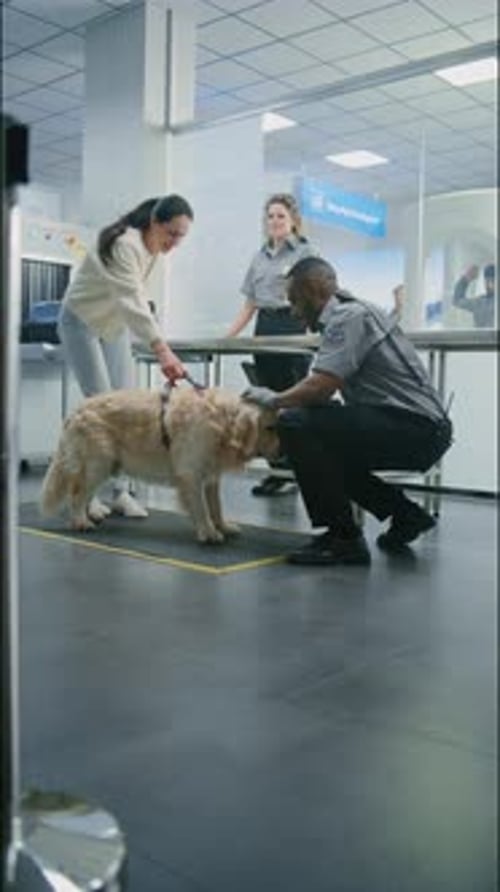 TSA Officer Scanning Golden Retriever Dog Using Metal Detector Scanner in Airport Terminal