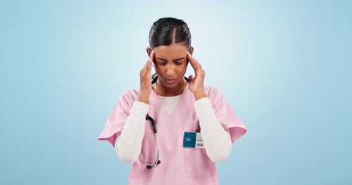 Headache pain, woman and nurse in studio for burnout, fatigue or healthcare challenge isolated