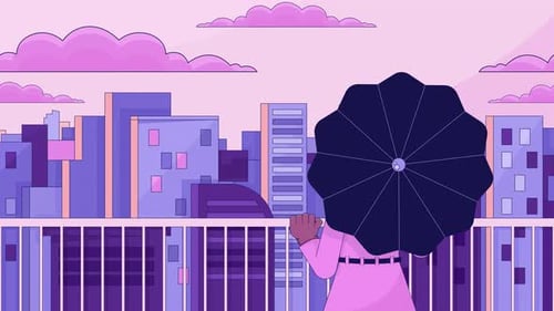 Umbrella woman looking at city sunset lo fi animated cartoon background