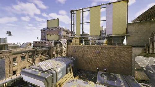 Gritty Industrial Urban Rooftop Cityscape Flyover