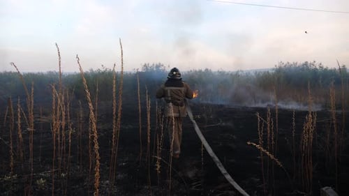 Firefighter Battles Brush Fire in Rural Landscape