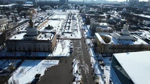 Top view of historic city center with squares and monuments in winter. Creative.