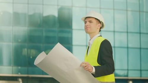Construction Worker Inspects Blueprint at Building Site
