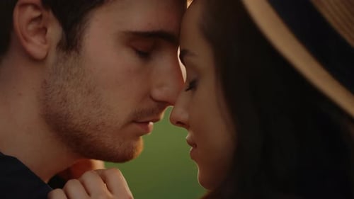 Romantic Couple Hugging at Sunset in Park