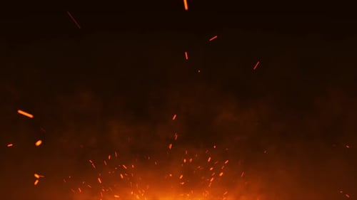 4K 3D animation. Burning red hot sparks rise from large fire seamless loop
