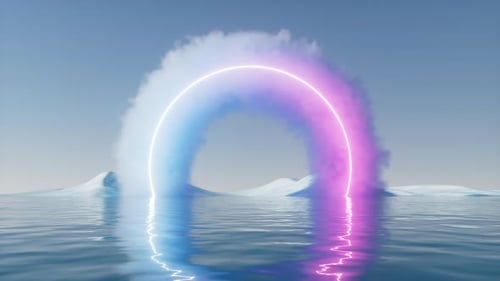 Abstract Neon Circle Portal with Glowing Clouds and Water Reflection