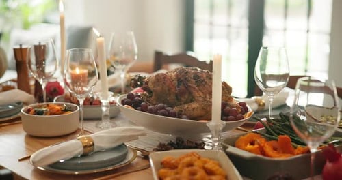 Thanksgiving, health and lunch with turkey in dining room for festive holiday