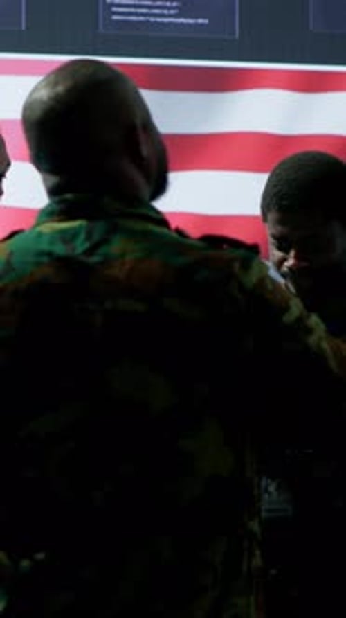 Vertical Video American Army Officers in High Tech Command Center Monitor Cybersecurity Threats