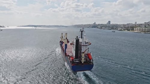 Cargo Ship Sailing in the Bosphorus Aerial View 6