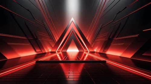 Futuristic, red-lit corridor with triangular accents