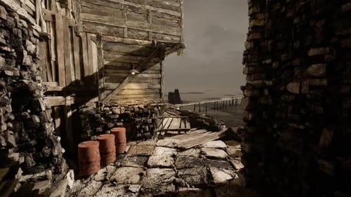 Abandoned Seaside Structure with Weathered Wood and Stone Walls at Dusk