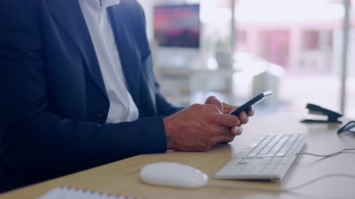 Hands, texting and phone in office with man, email communication and chat on internet at desk