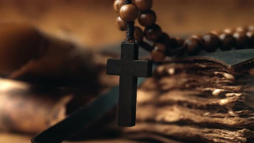 Holy Bible and Wooden Cross on the Desk Spirituality Religion and Hope Concept Symbol of