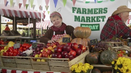 Woman at Farmers Market Stand Selling Produce