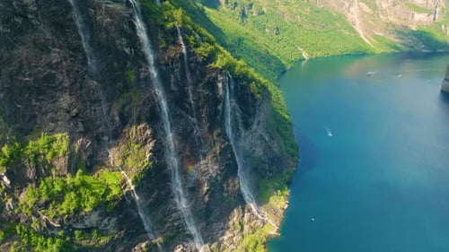 Seven Sisters Waterfall, Geiranger Fjord, Norway. Nature in fjords.