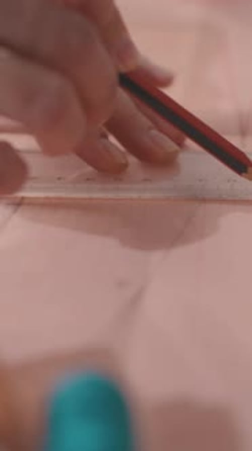 Woman Drawing Line With Pencil and Ruler in Studio