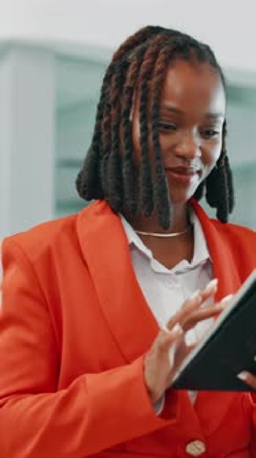 Tablet, business and black woman walk in office for feedback, review email or insurance policy