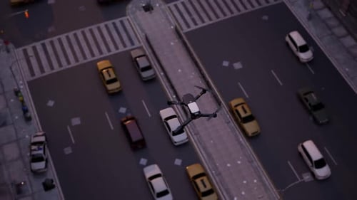 Police Drone Flying Over City Street Intersection