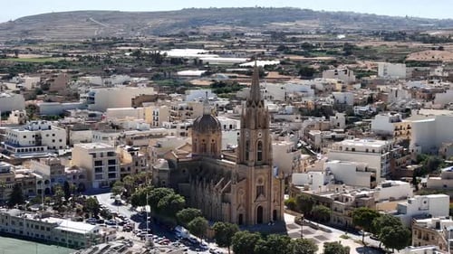 Aerial view of Madonna of Lourdes Church in Mgarr, Gozo, Malta
