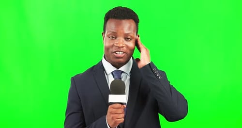 Green screen, black man reporter with microphone and breaking news broadcast on streaming site