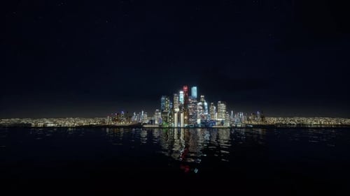 Illuminated Modern City Skyline Reflected on Water at Night