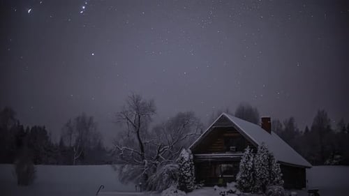 Snowy Cabin Under a Starry Night Sky