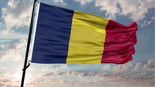 Romania National Flag Waving in Realistic Wind Simulation