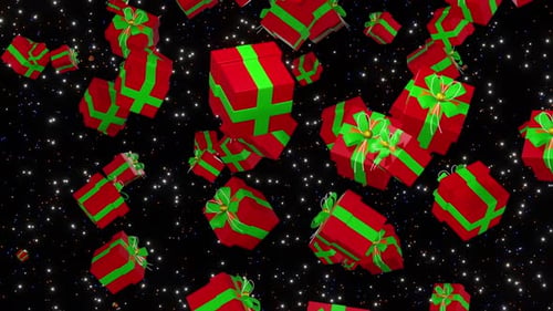 Fallende Geschenkboxen isoliert auf Sternenhintergrund 3D-Rendern. Rote Geschenkboxen mit grünem Band gebunden