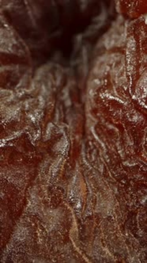 Single dried apricot on a black background, macro zoom. Vertical video.
