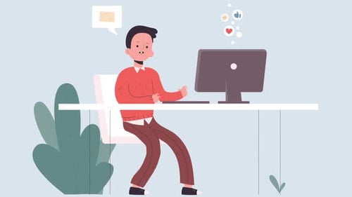 Flat Design Animation of Man Working on Computer with Social Media Icons