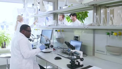 Wissenschaftler und Studenten, die im Labor arbeiten, Doktor unterrichten Praktikanten, um ein analytisches Forschungslabor zu machen