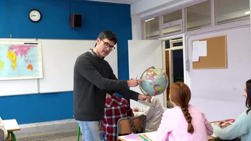Teacher Explains Geography to Students With Globe