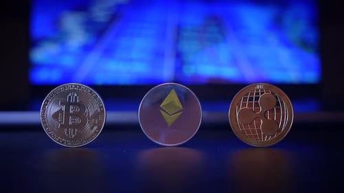 An Array of Cryptocurrency Coins Displayed Against a Vibrant and Dynamic Digital Background