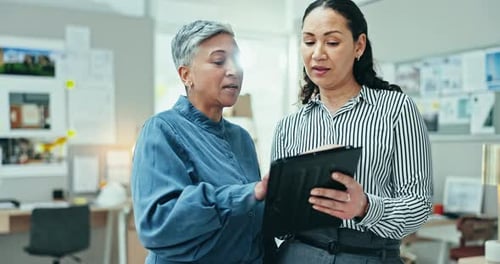 Business women, designer teamwork and tablet for office collaboration, architecture planning