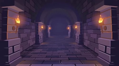 Dunkler mittelalterlicher Kerkorridor mit Fackeln - Fantasy-Schlosstunnel - Zeichentrickspiel-Animationen