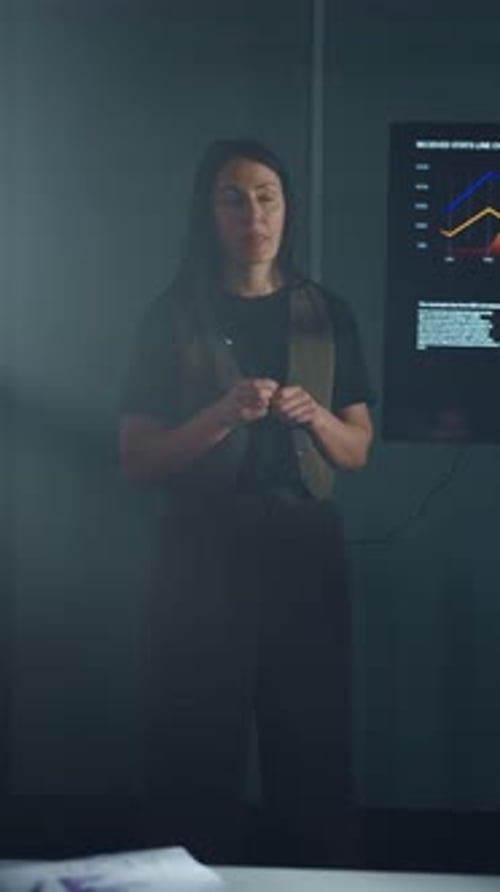Business Professional Presenting Analytical Line Chart Data on Digital Screen During Strategy