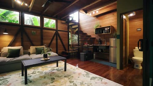 Cozy Home Interior with Wooden Walls and Stairs