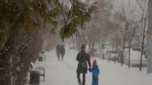 Snow blankets city streets as families stroll through winter wonderland