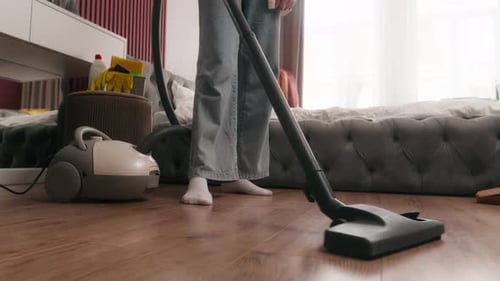 Cleaning Bedroom Unrecognizable Woman Girl Housewife Vacuum Cleaner Wash Cleanup Service Neat