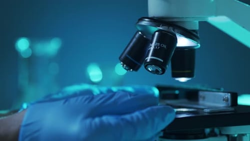 Closeup of Scientific Microscope Laboratory in Hospital Epidemic Disease Healthcare Vaccine Research