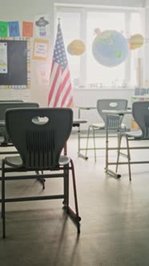 American Primary School Interior of Modern Empty Classroom with Desks for Students