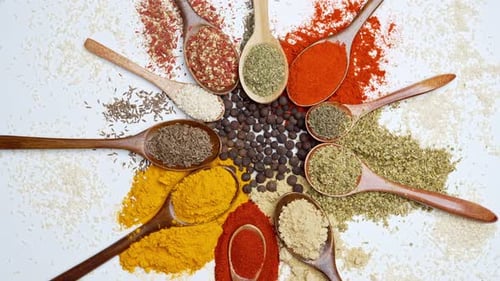 Colorful Spices and Herbs in Wooden Spoons