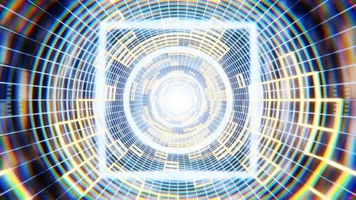 3D animated video of flying through time in virtual reality colorful tunnel