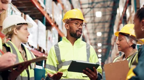 Teamwork, planning or talking with tablet in warehouse for inspection, freight distribution