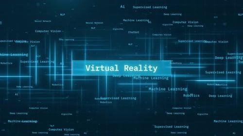 Virtual Reality Text on Futuristic Cyberspace Background. 3D Grid and Binary Numbers.