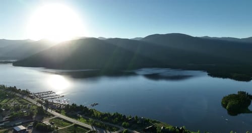 Drone shot of Shadow Mountain Lake at sunrise in Colorado