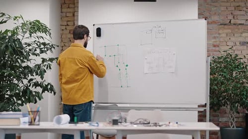 Startupper dessine un schéma d'un prototype d'appareil sur un tableau blanc