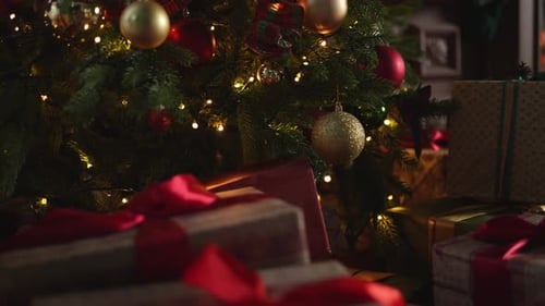 Many Gift Boxes in Classical Christmas Decorated Interior Living Room Library with Fireplace